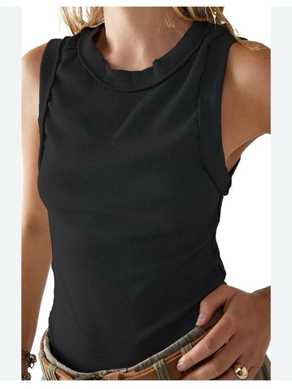 Nwt kate Free People Black Ribbed Crewneck tee large